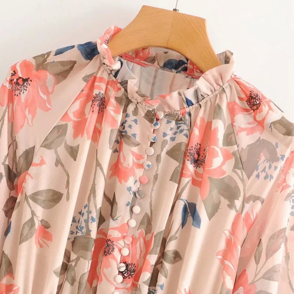 Cream & Orange Floral Midi Dress